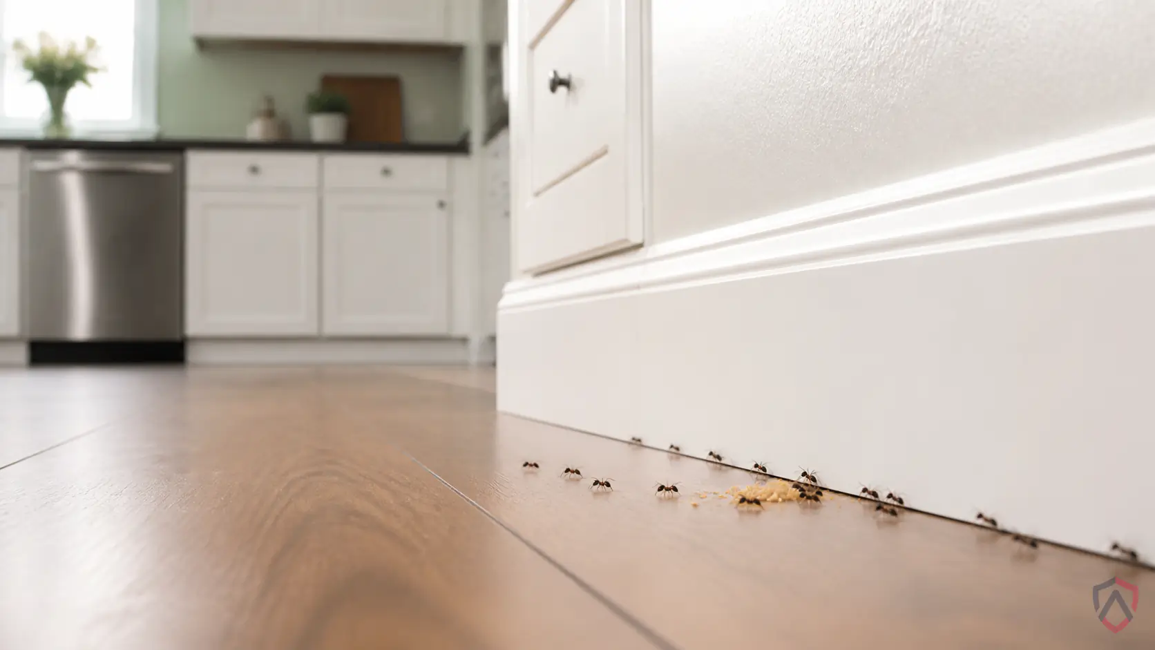 Ant Control in the Twin Cities, kitchen counter and baseboard where small ants are trailing toward a crumb protected by Ankora Pest Control