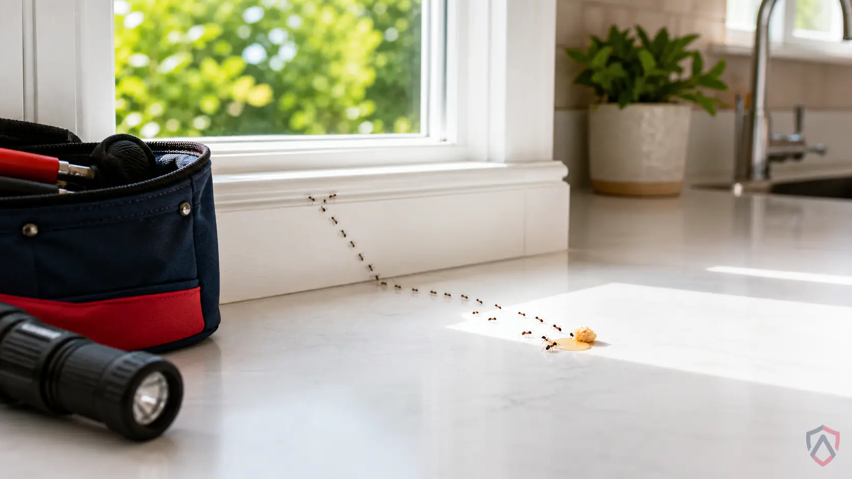 Ants In Kitchen in the Twin Cities, kitchen counter and baseboard where small ants are trailing toward a crumb protected by Ankora Pest Control