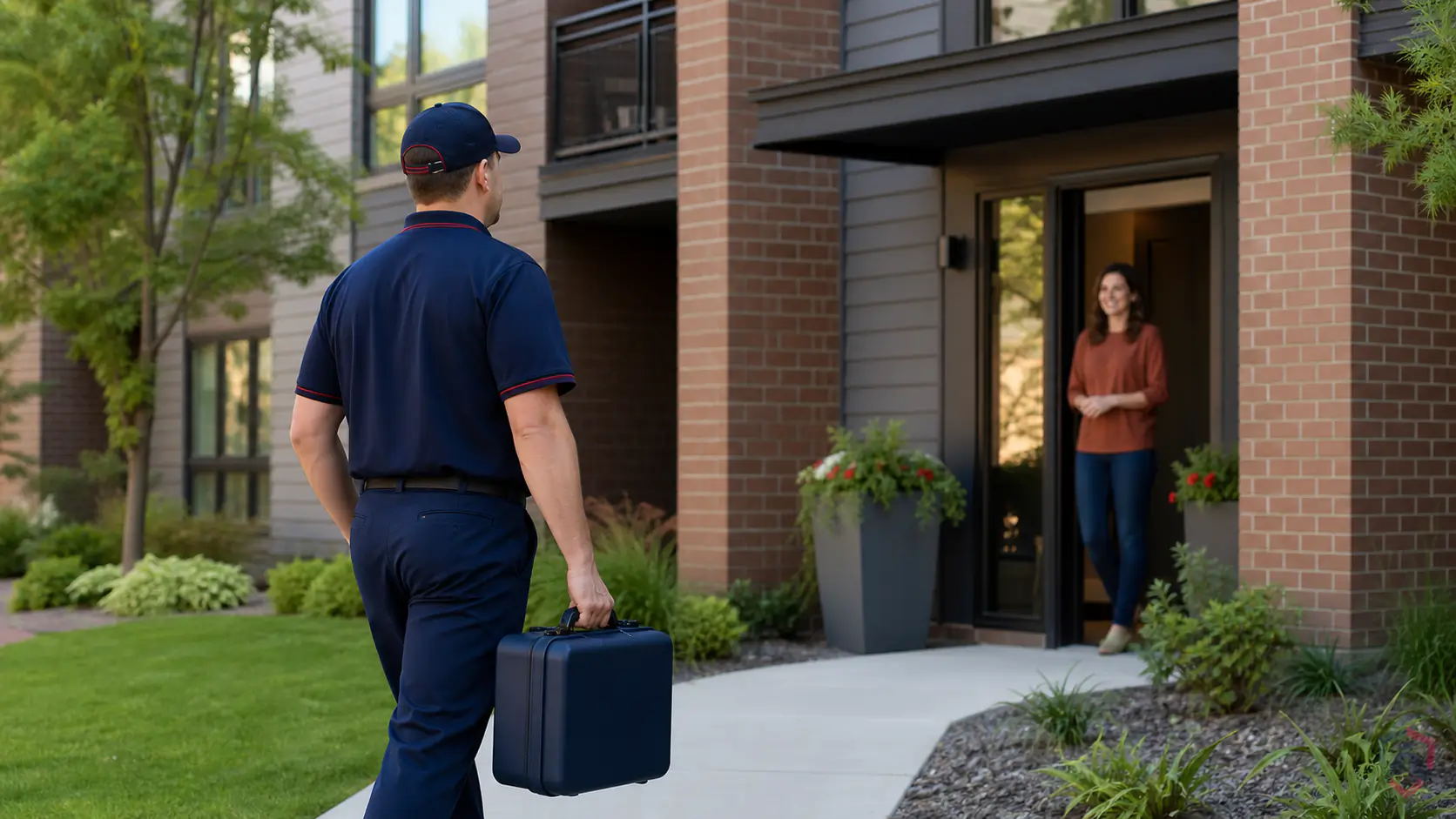 Apartment Pest Control in the Twin Cities, modern Twin Cities apartment building exterior with an Ankora technician arriving for scheduled service protected by Ankora Pest Control