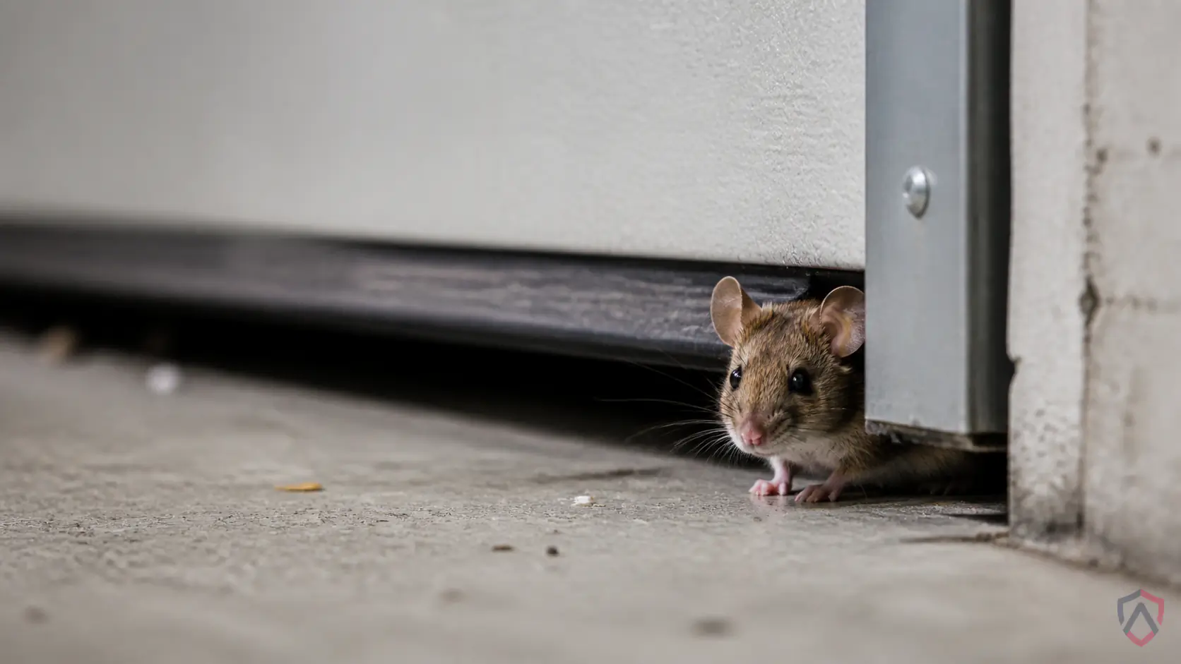 Apartment Pest Control close-up, a house mouse at an entry gap in a Twin Cities home