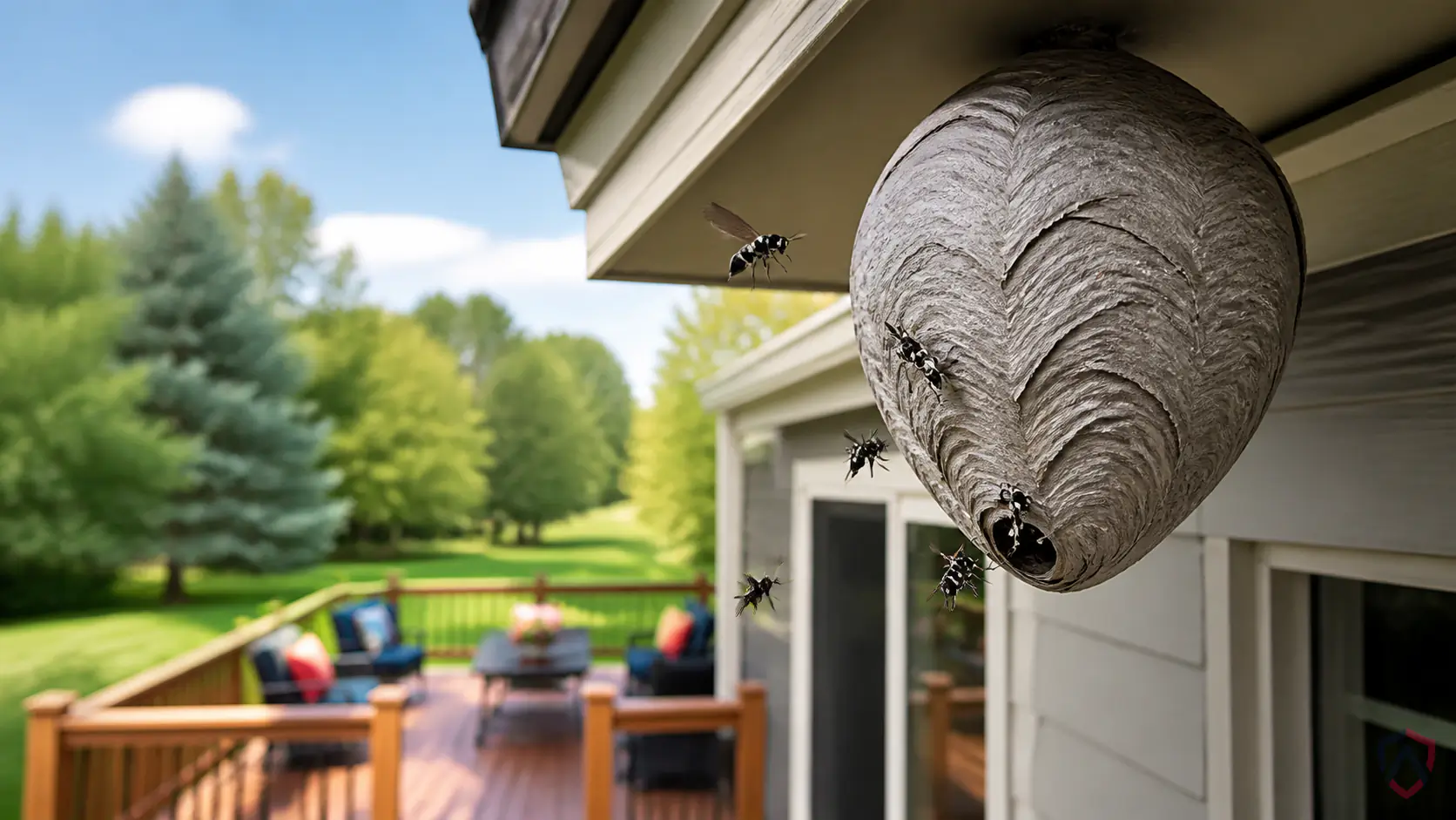 Bald Faced Hornet in the Twin Cities, backyard deck eave with a visible wasp nest and a few yellow jackets protected by Ankora Pest Control