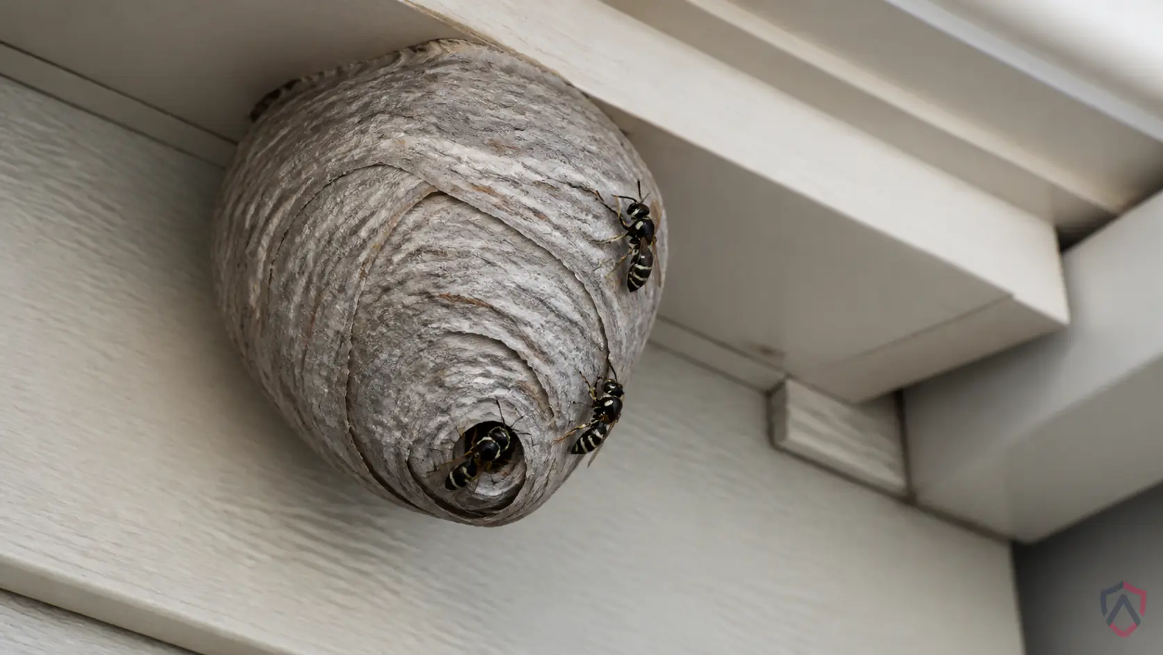 Bald Faced Hornet close-up, a paper wasp nest in a Twin Cities home
