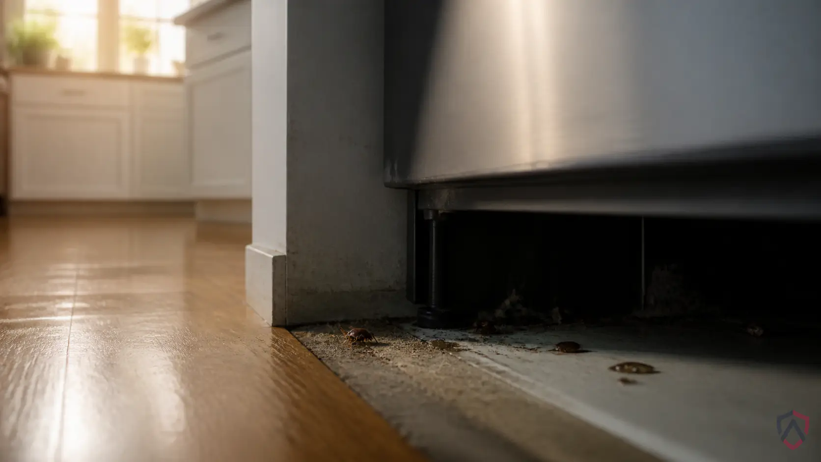Cockroach Control in the Twin Cities, shadowy gap behind a kitchen appliance protected by Ankora Pest Control