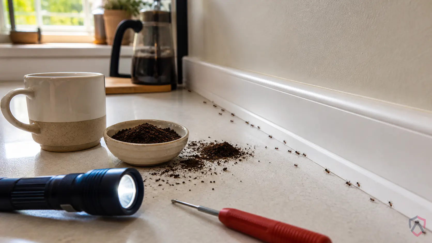 Coffee Grounds Repel in the Twin Cities, kitchen counter and baseboard where small ants are trailing toward a crumb protected by Ankora Pest Control