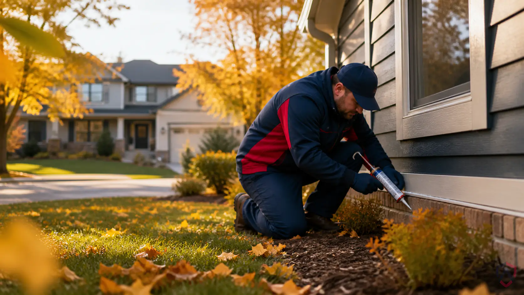 Fall Pest Proofing in the Twin Cities, home exterior in autumn with a technician sealing entry points before winter protected by Ankora Pest Control