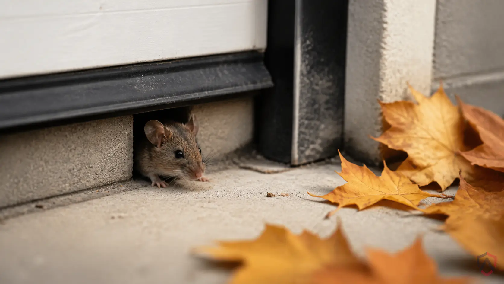 Fall Pest Proofing close-up, a house mouse at an entry gap in a Twin Cities home