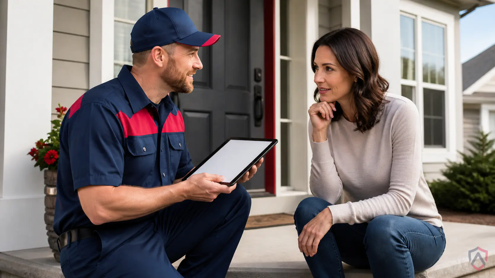 Pest Control Faq in the Twin Cities, technician explaining a clipboard/tablet to a curious homeowner on a porch protected by Ankora Pest Control