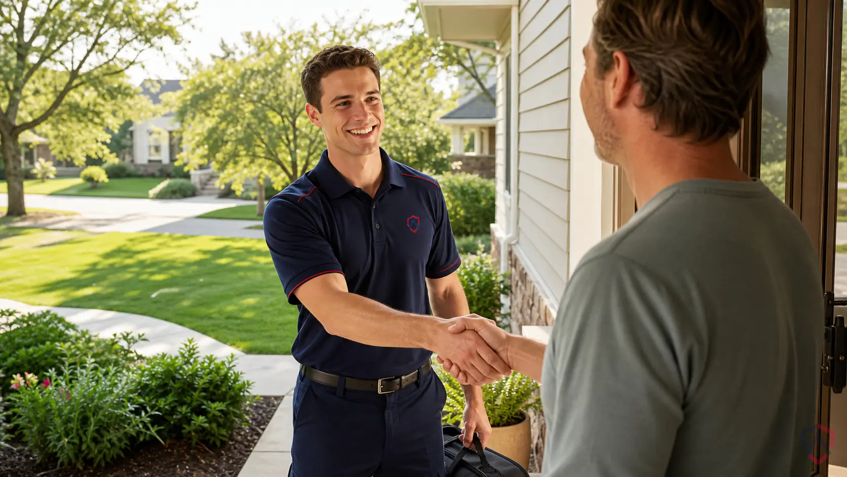 First Service Offer in the Twin Cities, welcoming handshake between a homeowner and an Ankora technician on a front step protected by Ankora Pest Control