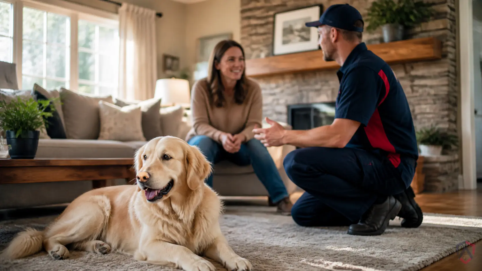 Flea Treatment in the Twin Cities, cozy living room with a happy dog on a rug protected by Ankora Pest Control
