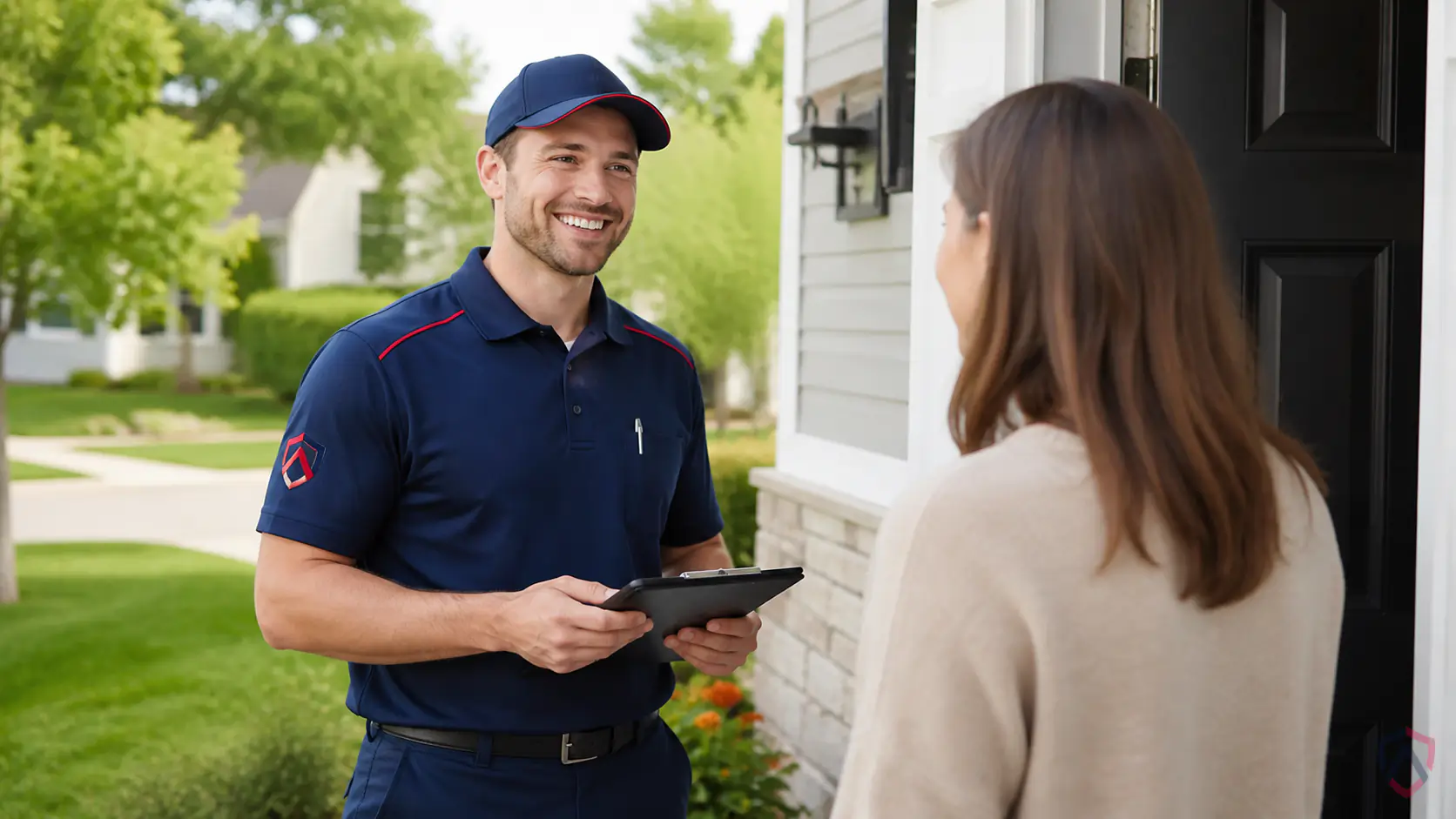 Free Inspection in the Twin Cities, technician greeting a homeowner at the front door with a clipboard protected by Ankora Pest Control