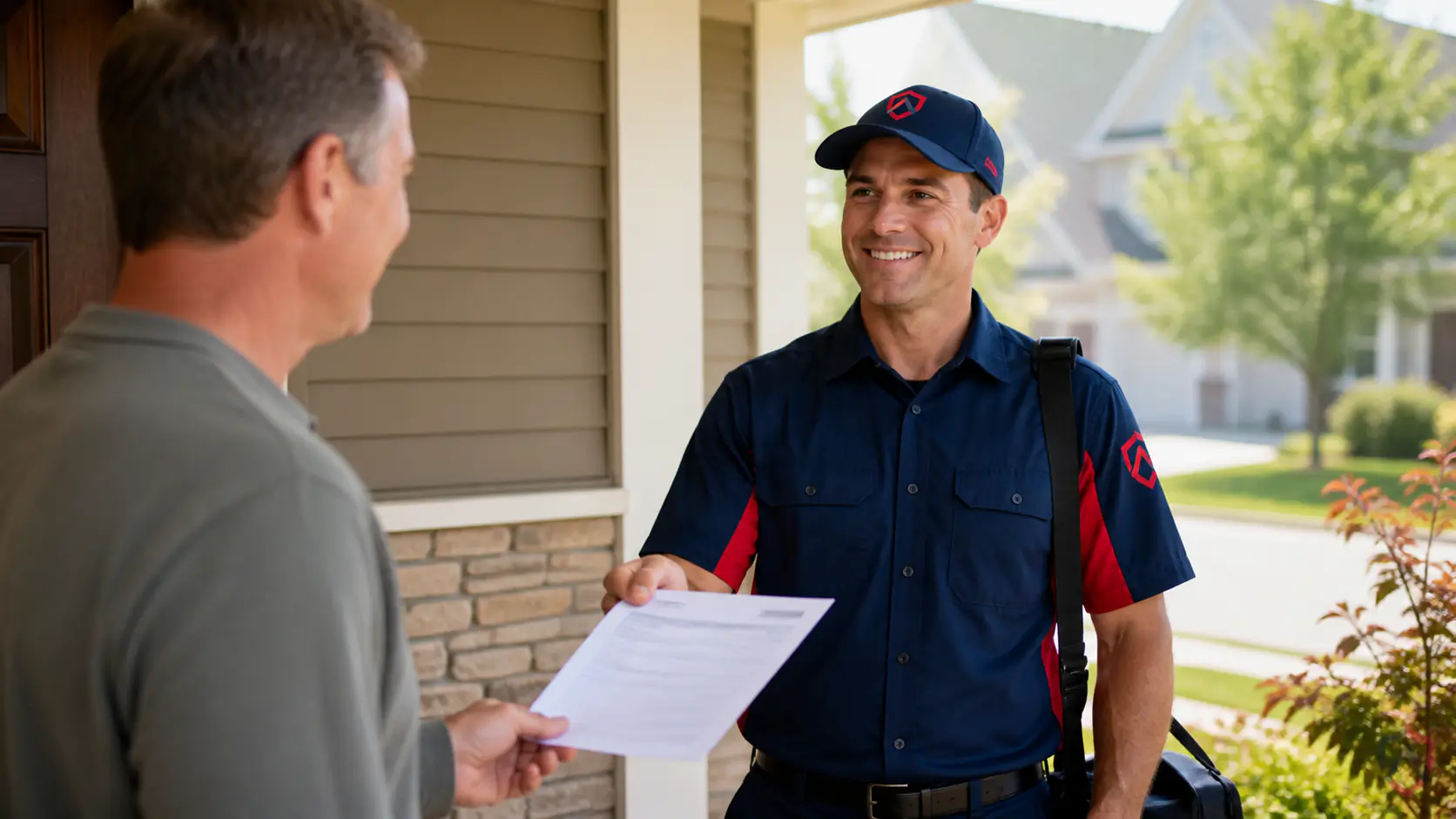 Free Pest Control in the Twin Cities, an Ankora technician handing a homeowner a printed free quote on a sunny front porch protected by Ankora Pest Control