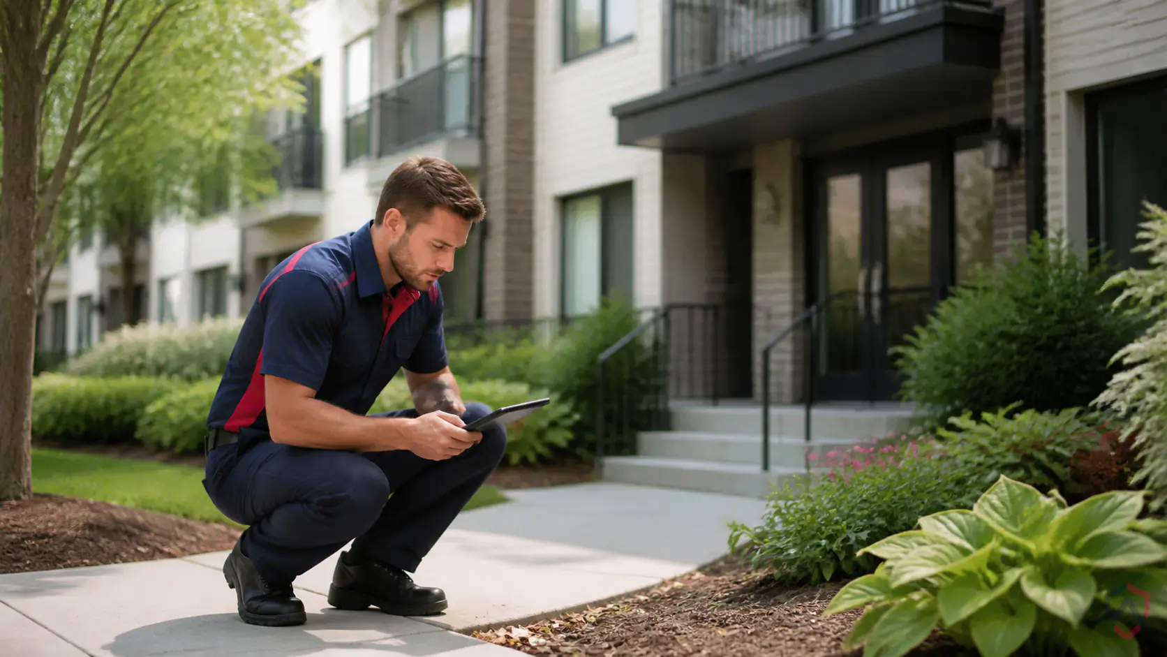 Landlord Pest Control in the Twin Cities, multi-unit rental building exterior in the Twin Cities with a technician on site protected by Ankora Pest Control