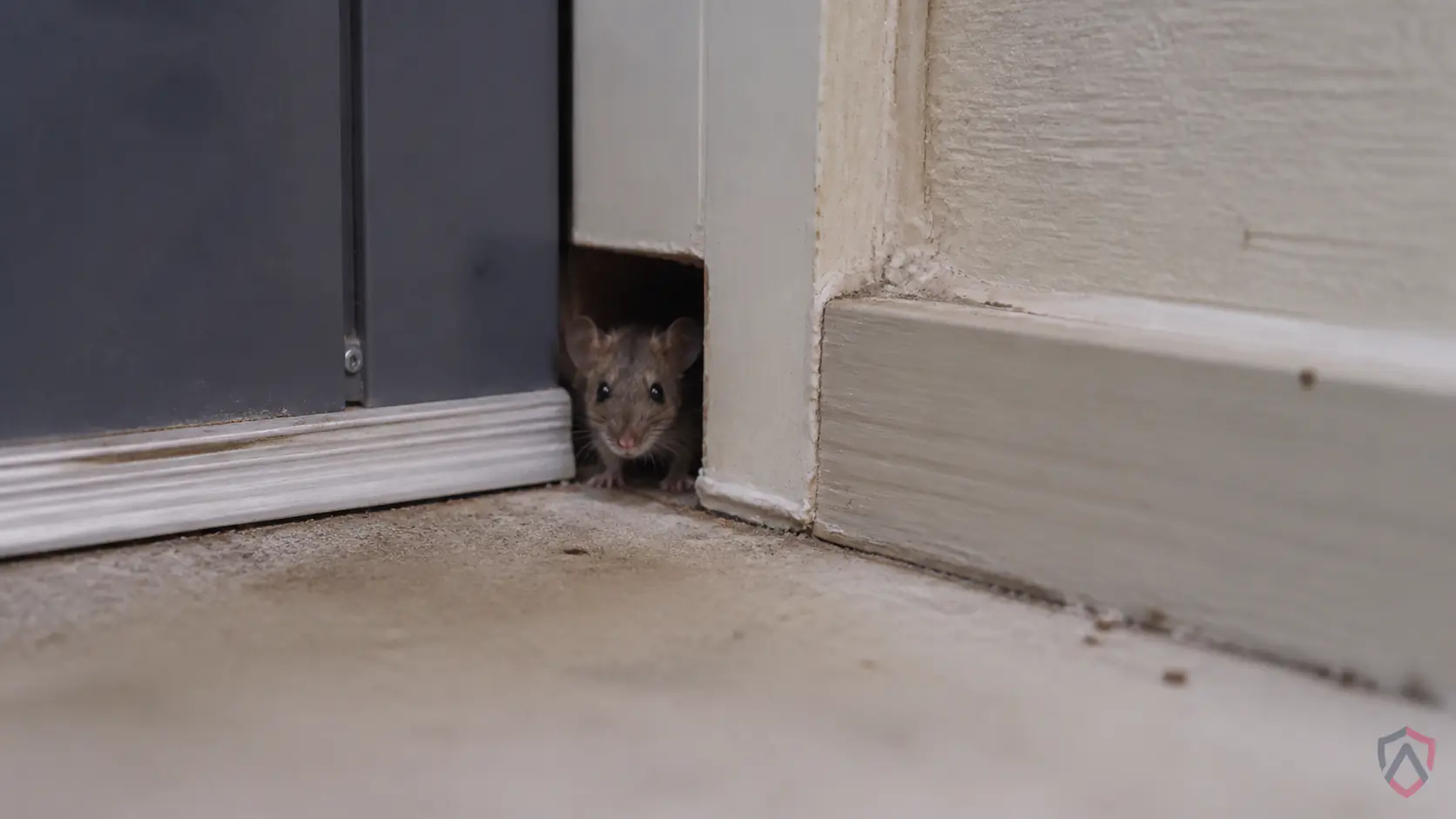 Landlord Pest Control close-up, a house mouse at an entry gap in a Twin Cities home