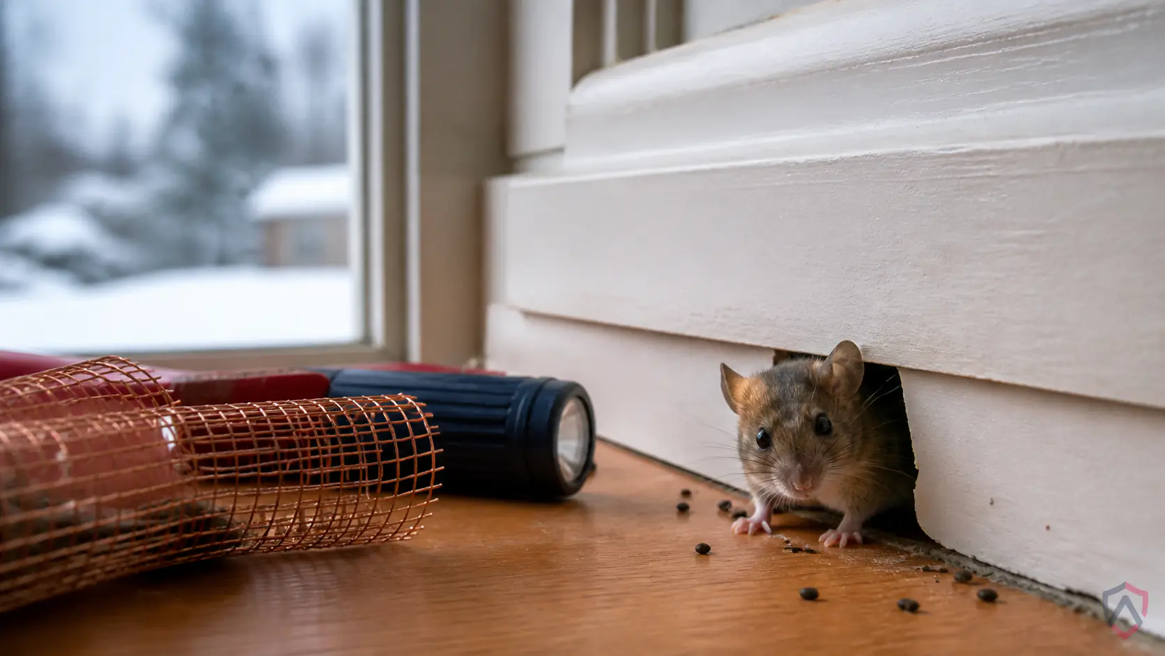 Mice In Walls close-up, a house mouse at an entry gap in a Twin Cities home