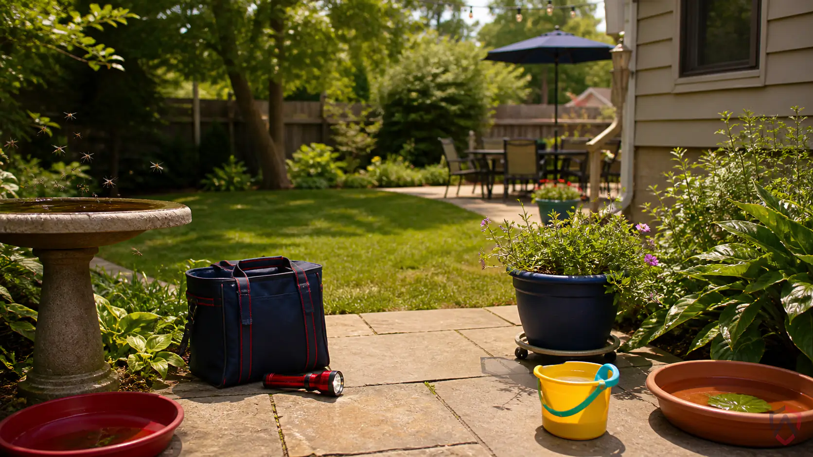 Mosquito Prevention Checklist in the Twin Cities, backyard patio at dusk with a shaded protected by Ankora Pest Control