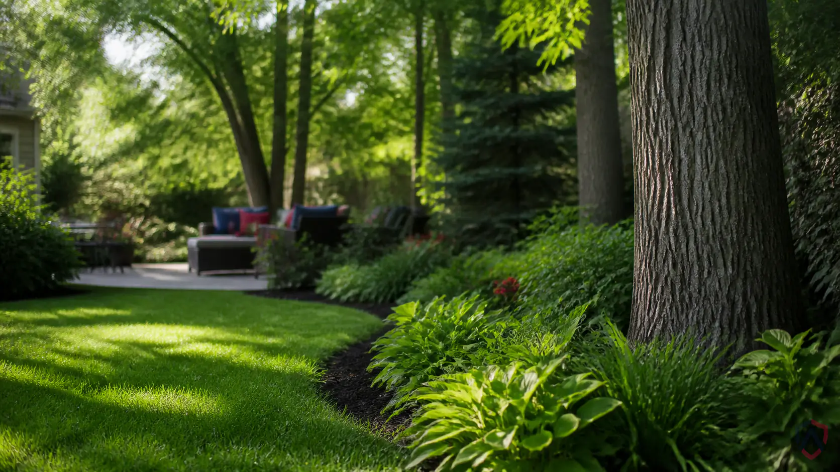 Mosquito Tick Control in the Twin Cities, shaded backyard tree-and-grass border where ticks wait protected by Ankora Pest Control