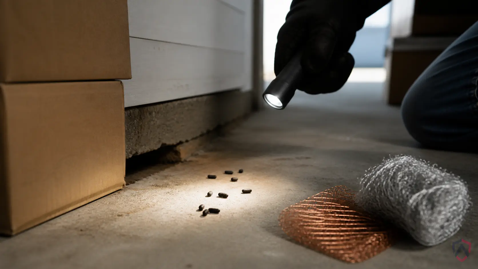 Mouse Vs Rat in the Twin Cities, dim garage corner and foundation gap with steel-wool and gnaw marks protected by Ankora Pest Control