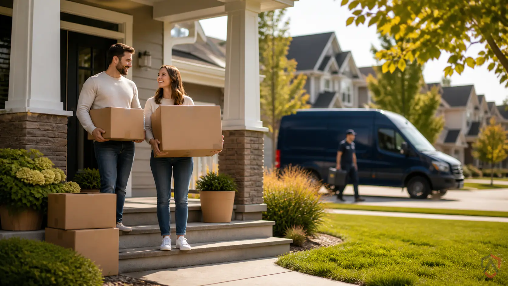 New Homeowner Pest in the Twin Cities, couple with moving boxes on the porch of a newly purchased Minnesota home protected by Ankora Pest Control