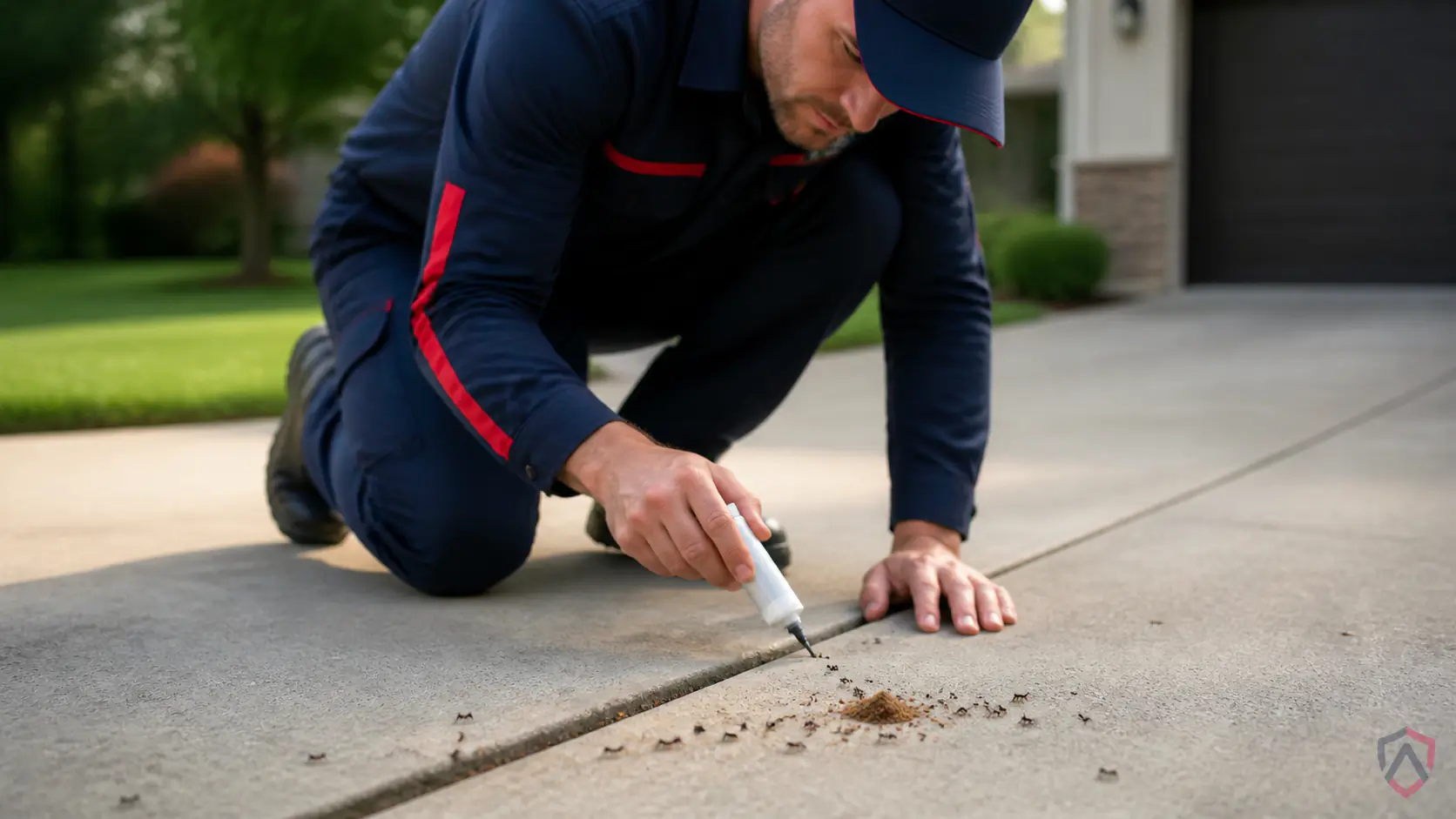 Ankora Pest Control technician performing pavement ants driveway service in the Twin Cities