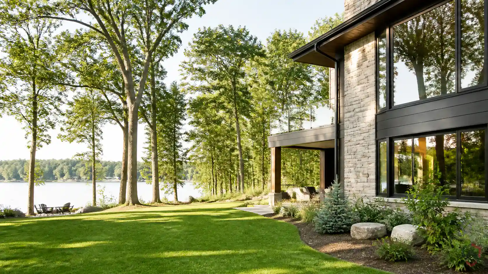 Pest Control Minnetonka in the Twin Cities, lakeside home with large windows facing wooded shoreline protected by Ankora Pest Control