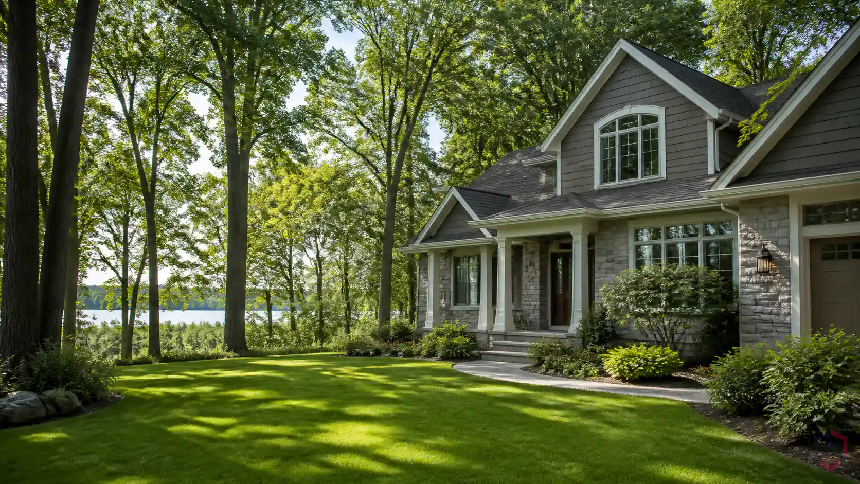 Pest Control Shoreview in the Twin Cities, lake-and-woods home with shaded property edges protected by Ankora Pest Control