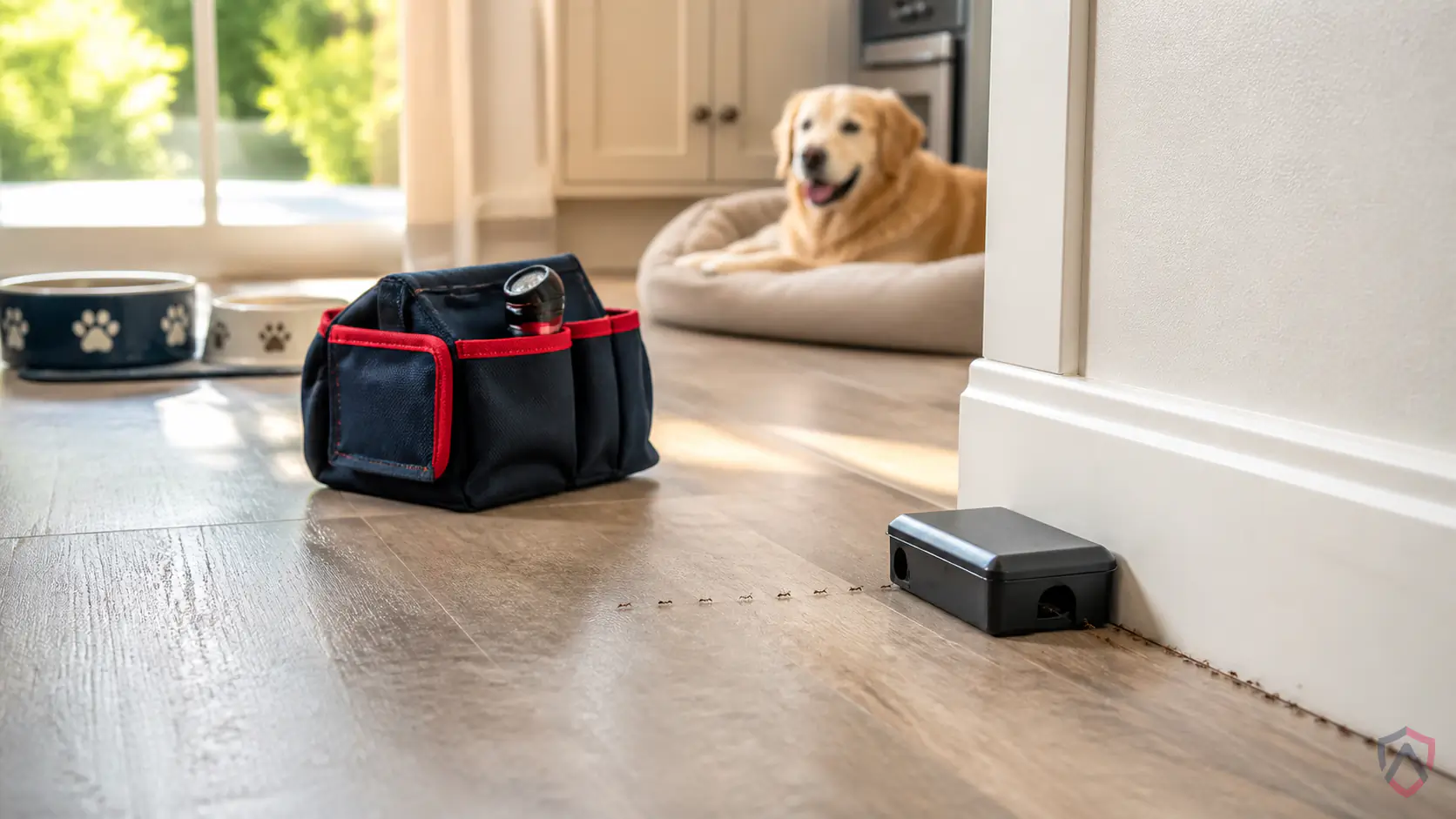 Pet Safe Ant in the Twin Cities, kitchen counter and baseboard where small ants are trailing toward a crumb protected by Ankora Pest Control