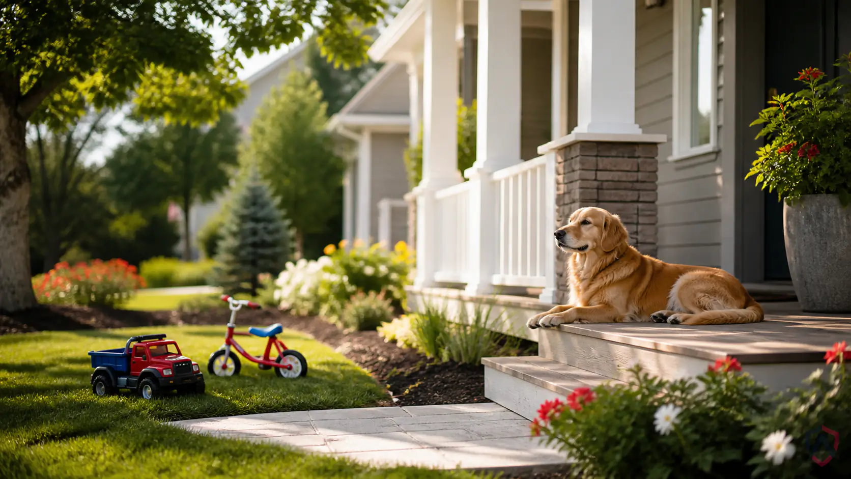 Pet Safe Pest in the Twin Cities, family home exterior with a dog on the porch and a child's toys on the lawn protected by Ankora Pest Control