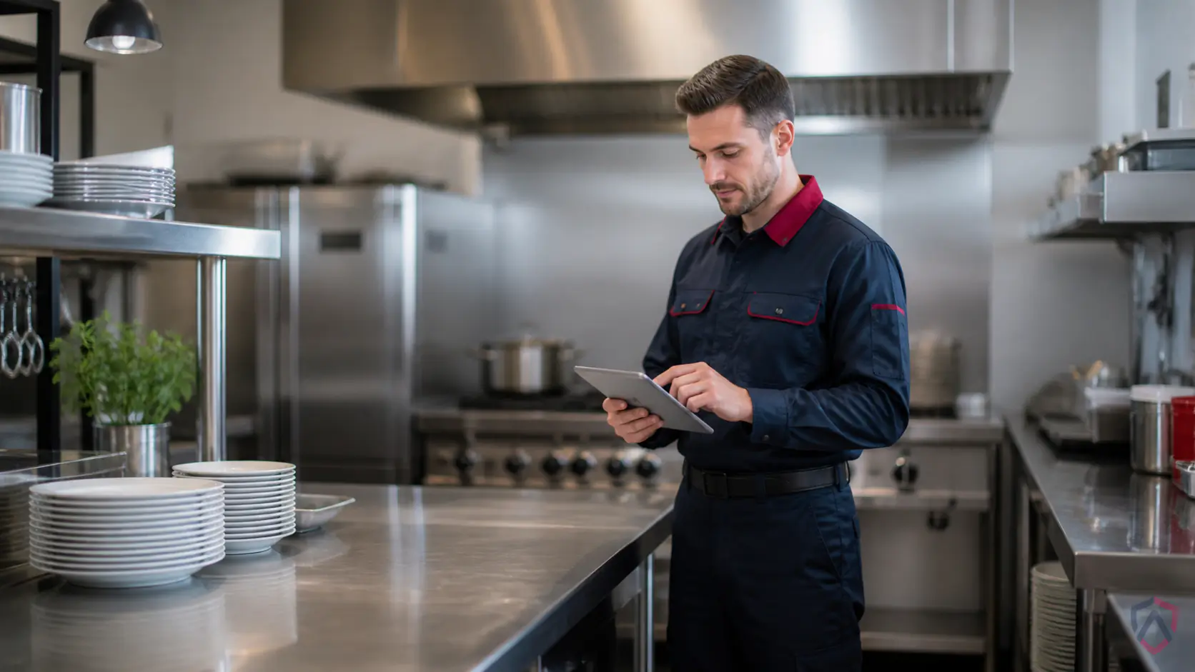 Restaurant Pest Control in the Twin Cities, clean commercial kitchen with a discreet technician performing documented service protected by Ankora Pest Control