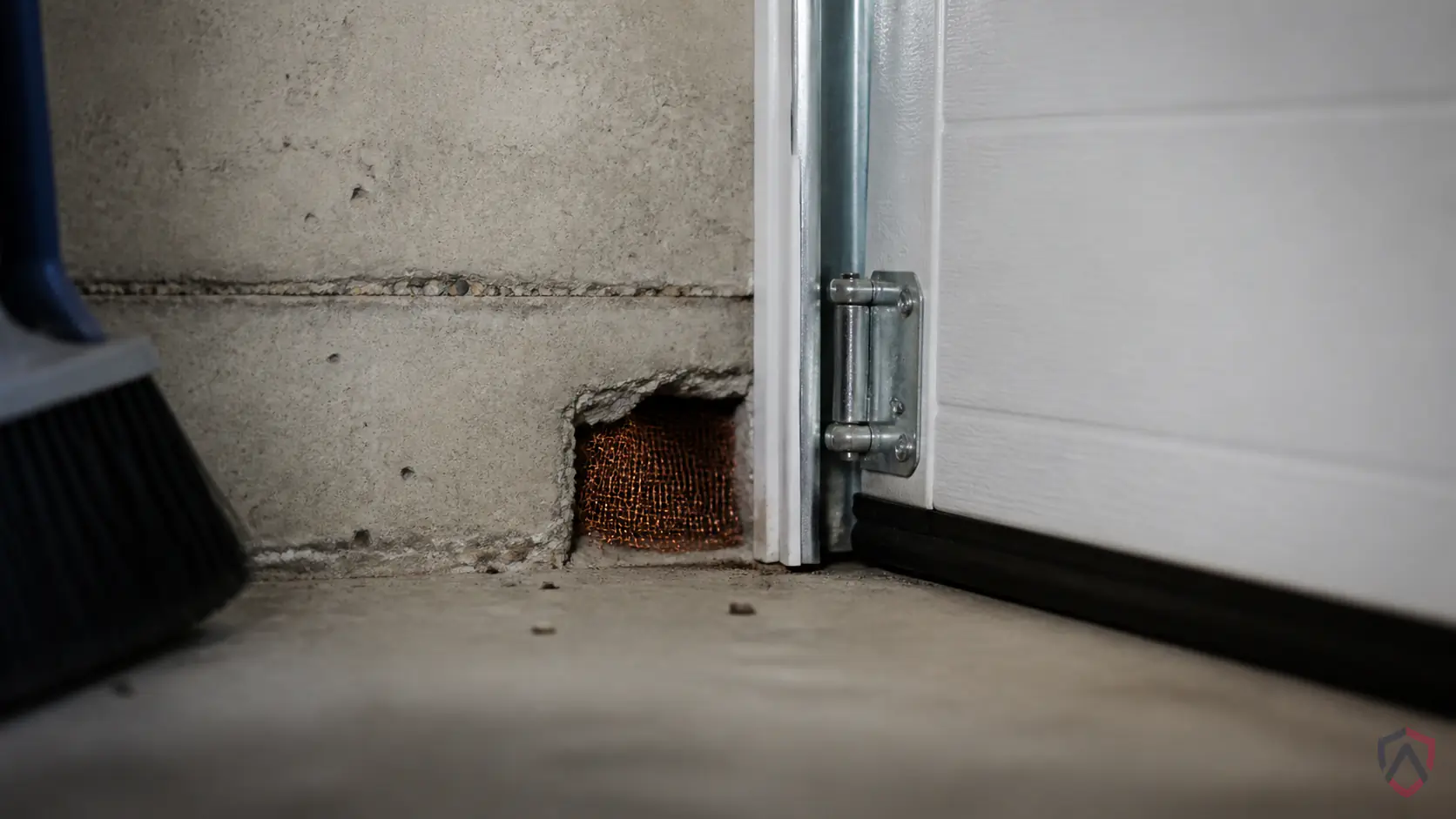 Rodent Control in the Twin Cities, dim garage corner and foundation gap with steel-wool and gnaw marks protected by Ankora Pest Control