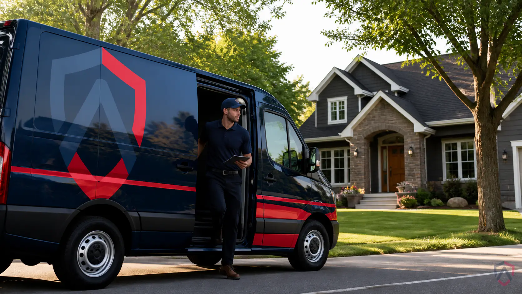 Same Day Pest in the Twin Cities, an Ankora service van arriving quickly at a suburban home protected by Ankora Pest Control