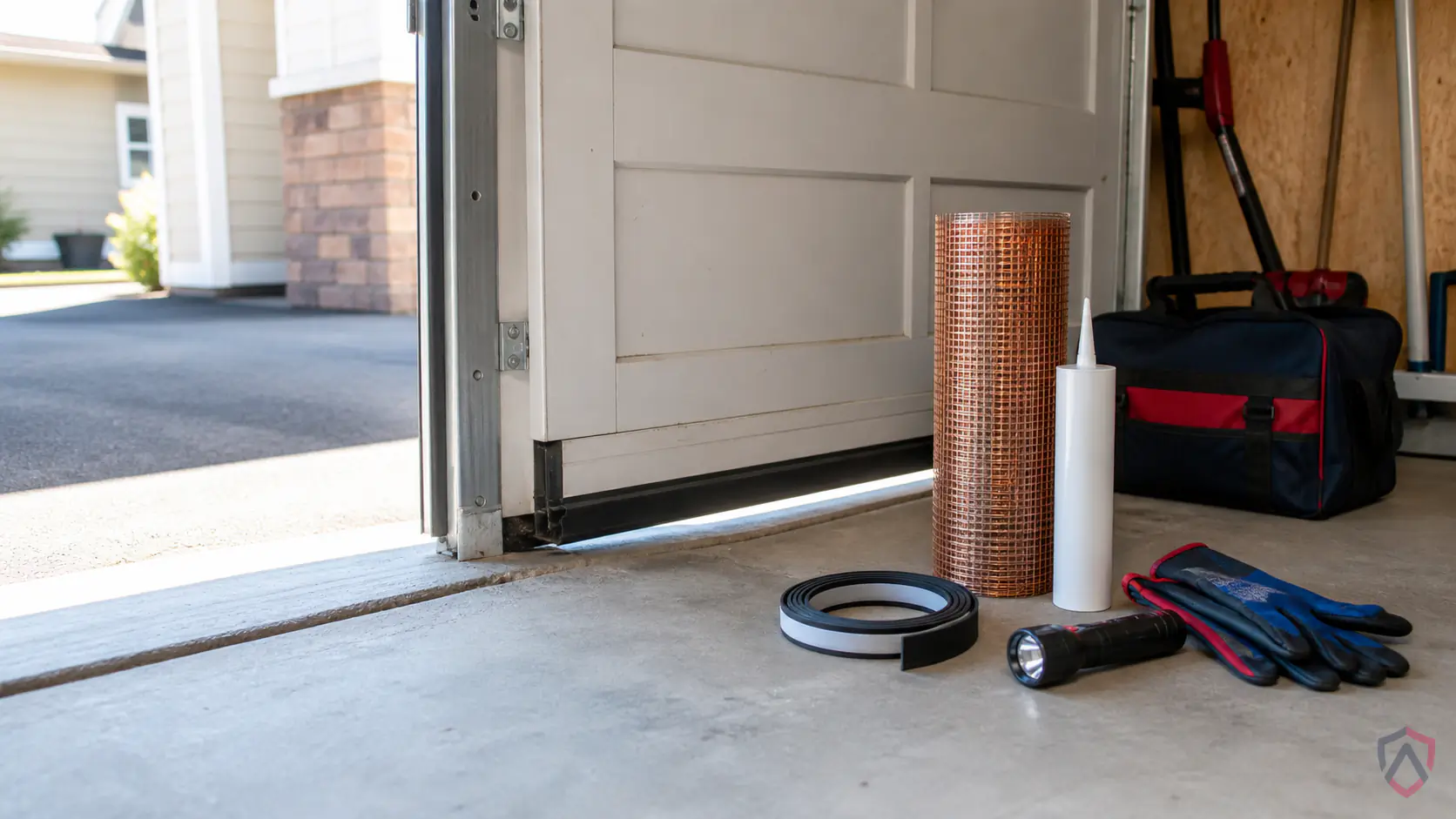 Sealing Garage Door in the Twin Cities, dim garage corner and foundation gap with steel-wool and gnaw marks protected by Ankora Pest Control