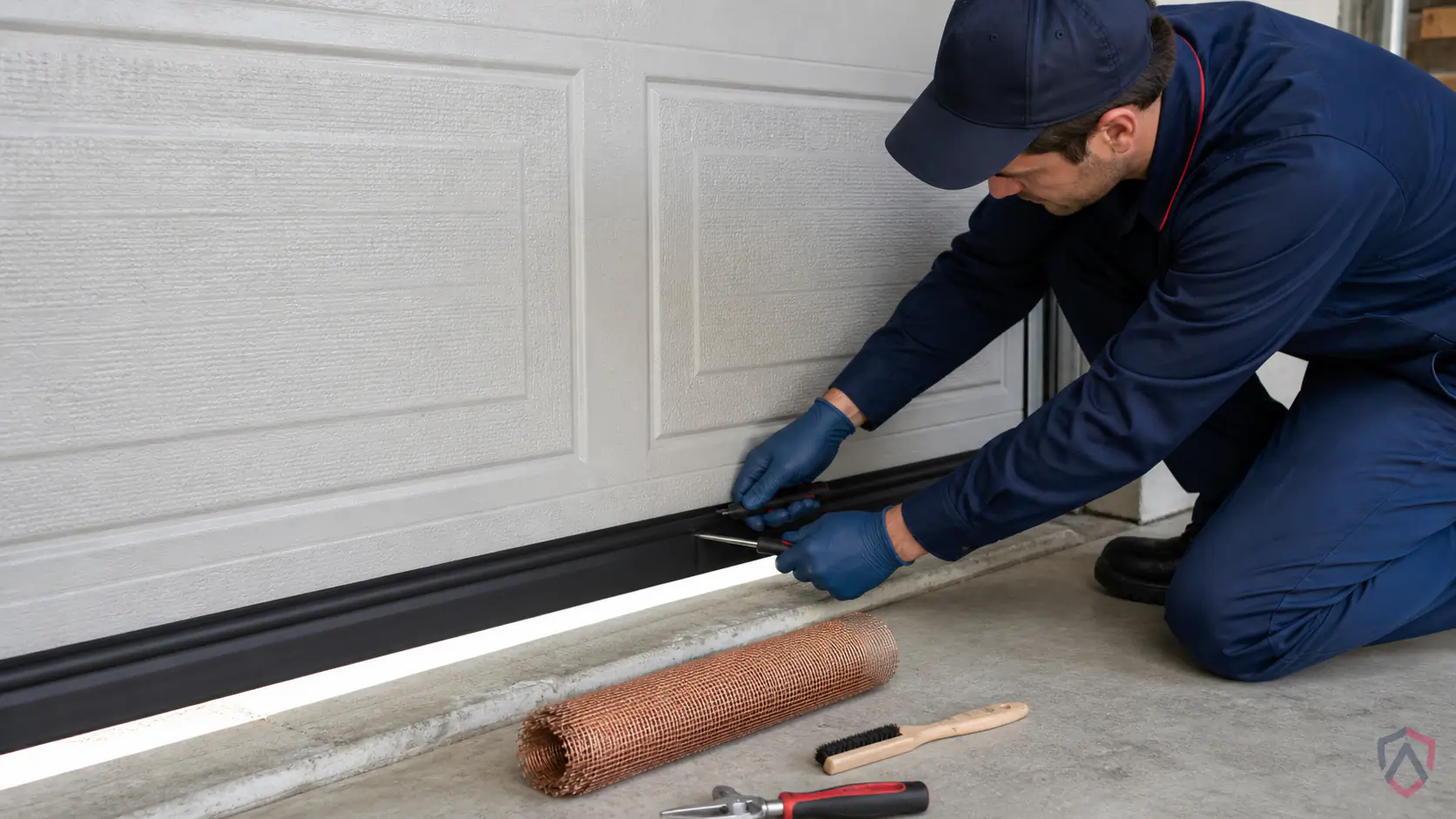 Ankora Pest Control technician performing sealing garage door service in the Twin Cities