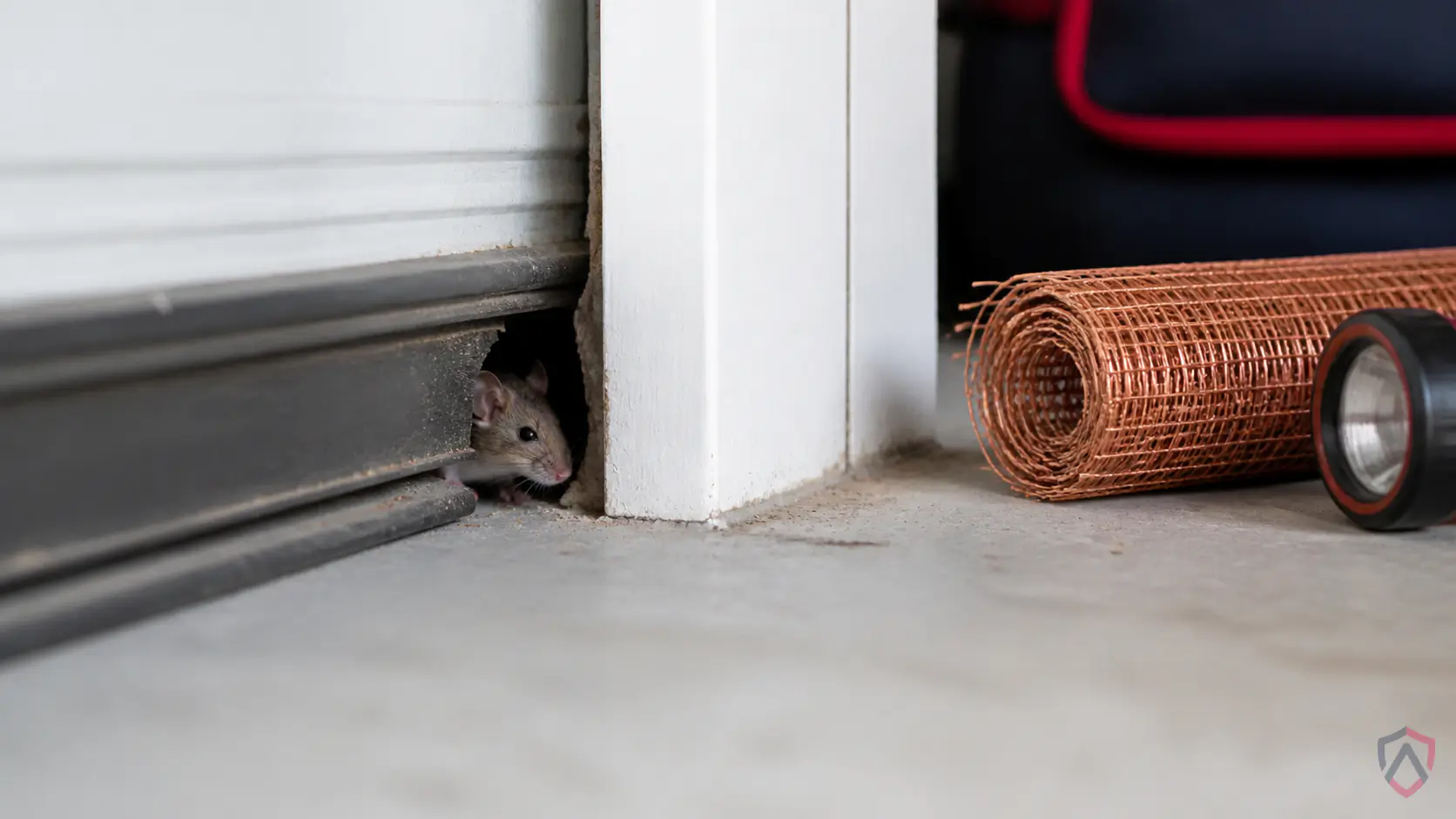 Sealing Garage Door close-up, a house mouse at an entry gap in a Twin Cities home