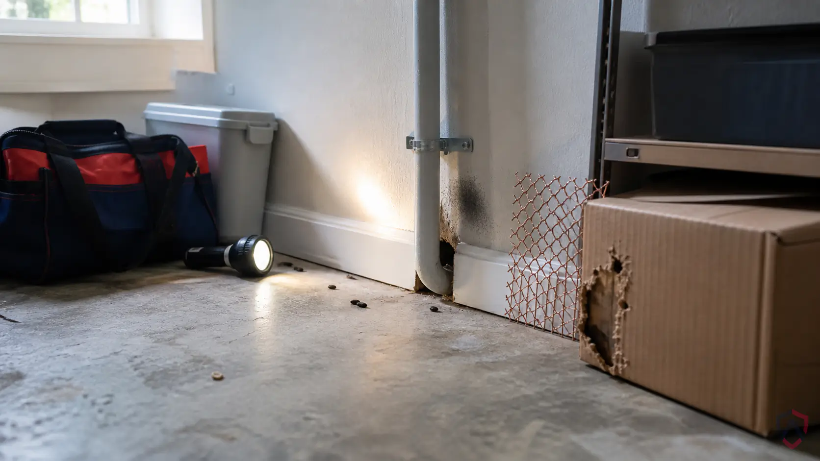 Signs Of Rodent in the Twin Cities, dim garage corner and foundation gap with steel-wool and gnaw marks protected by Ankora Pest Control