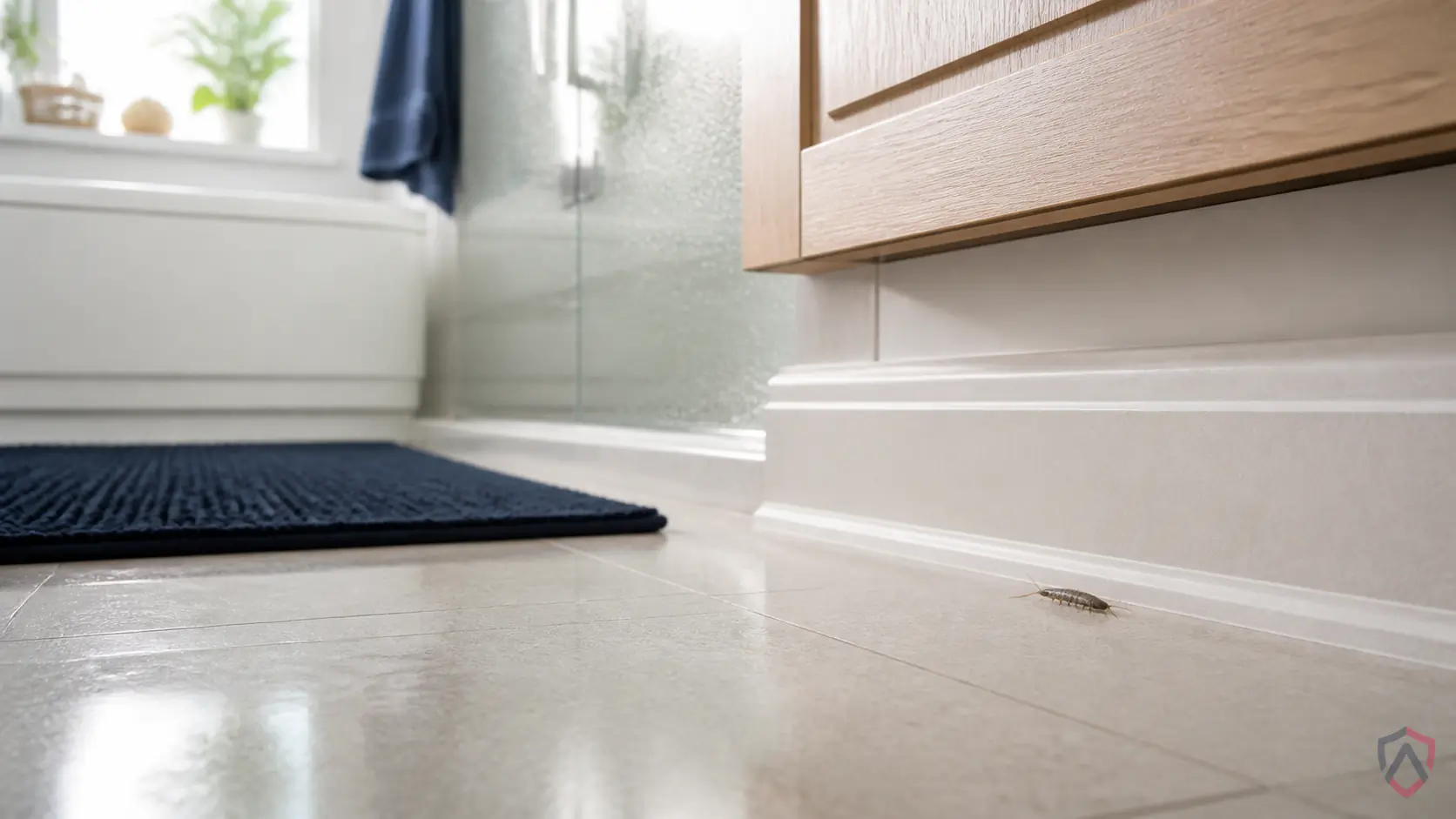 Silverfish In Bathroom in the Twin Cities, humid bathroom corner with baseboard gap protected by Ankora Pest Control
