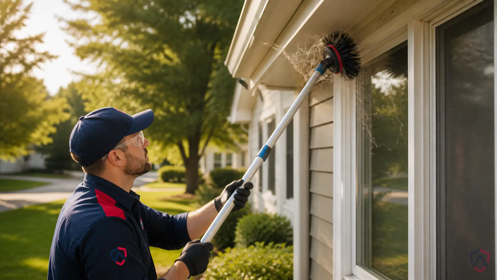 Spider Control in the Twin Cities, house eave and window corner being cleared of webbing by a technician with an extension tool protected by Ankora Pest Control