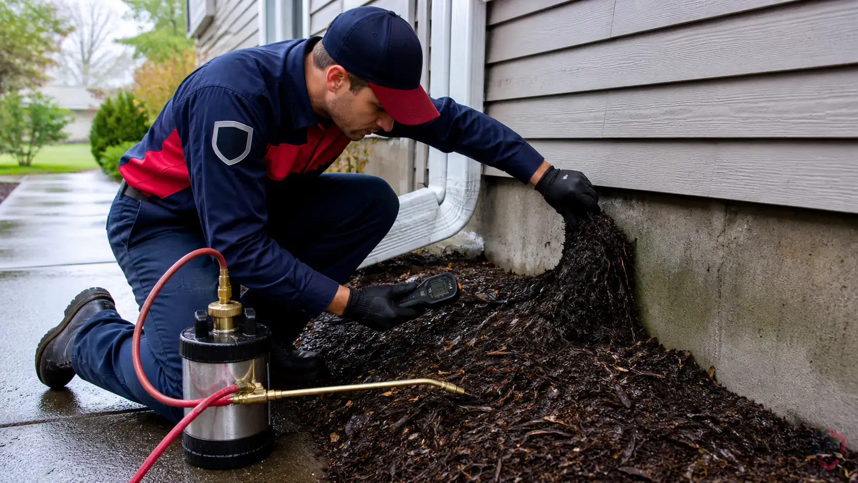 Ankora Pest Control technician performing springtails around foundation service in the Twin Cities