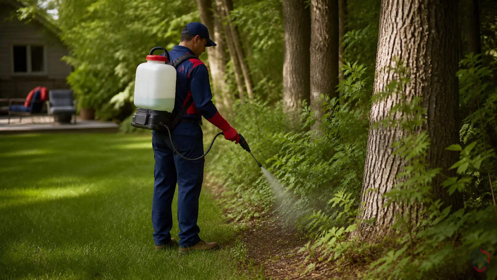 Tick Control in the Twin Cities, shaded backyard lawn-and-woods edge being treated for ticks with a backpack mister protected by Ankora Pest Control