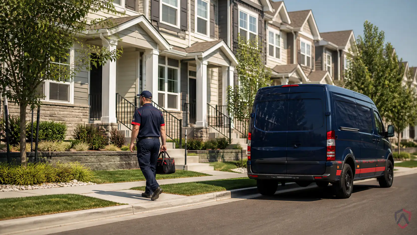 Townhome Hoa Pest in the Twin Cities, neat row of Minnesota townhomes with uniform landscaping and an Ankora van on the street protected by Ankora Pest Control