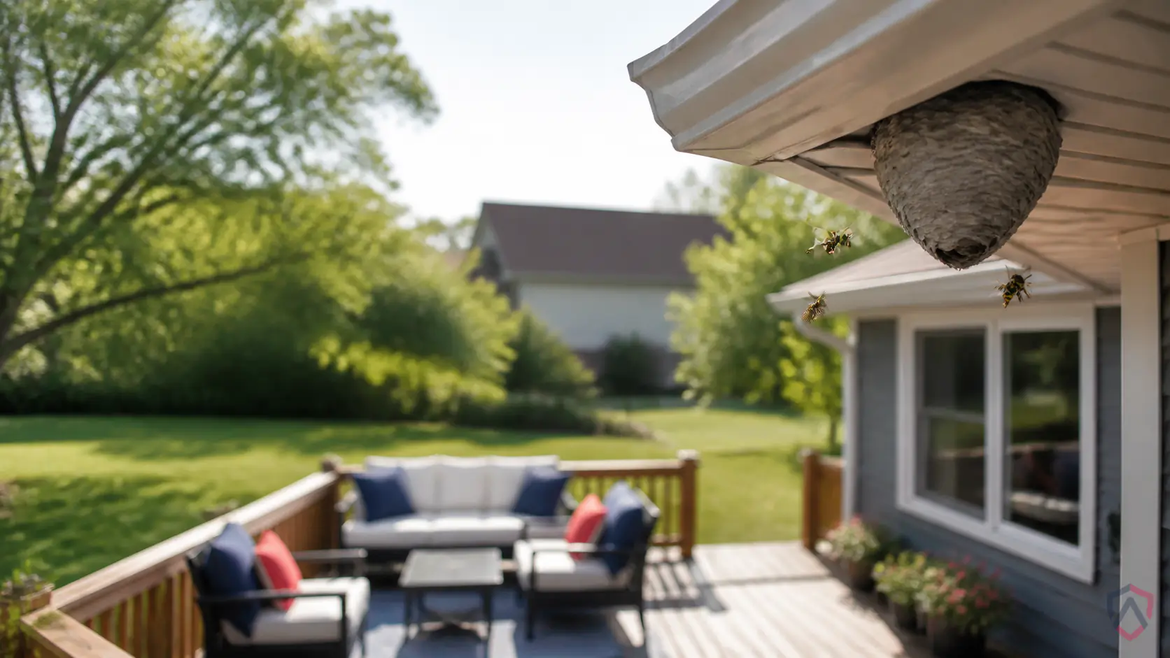 Wasp Hornet Removal in the Twin Cities, backyard deck eave with a visible wasp nest and a few yellow jackets protected by Ankora Pest Control