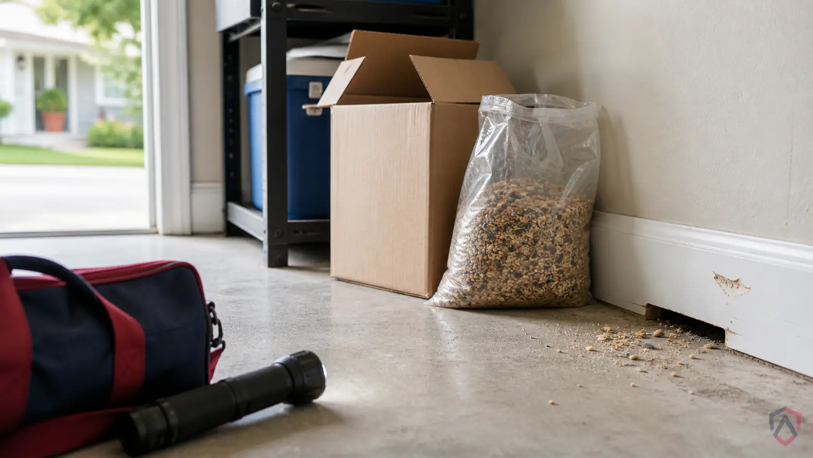 Attracts Mice in the Twin Cities, dim garage corner and foundation gap with steel-wool and gnaw marks protected by Ankora Pest Control