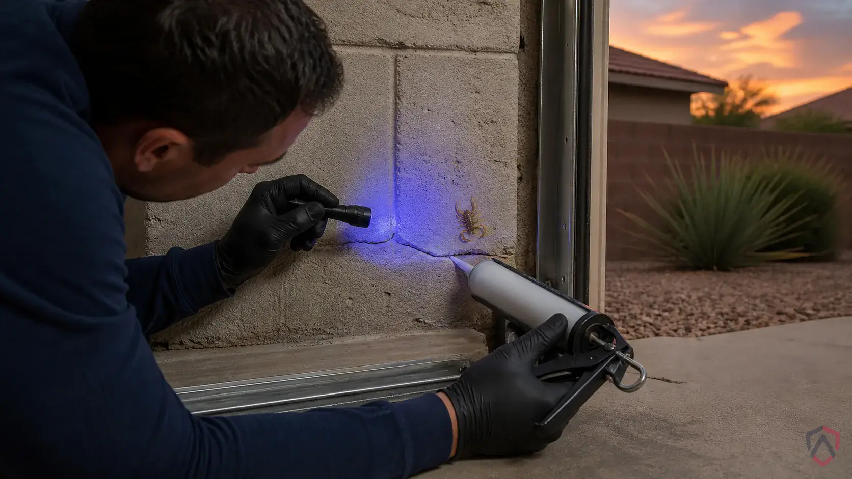 Inspection of webbing zones, corners, cracks, exterior light areas, and insect entry points during a suspected Arizona Bark Scorpions issue