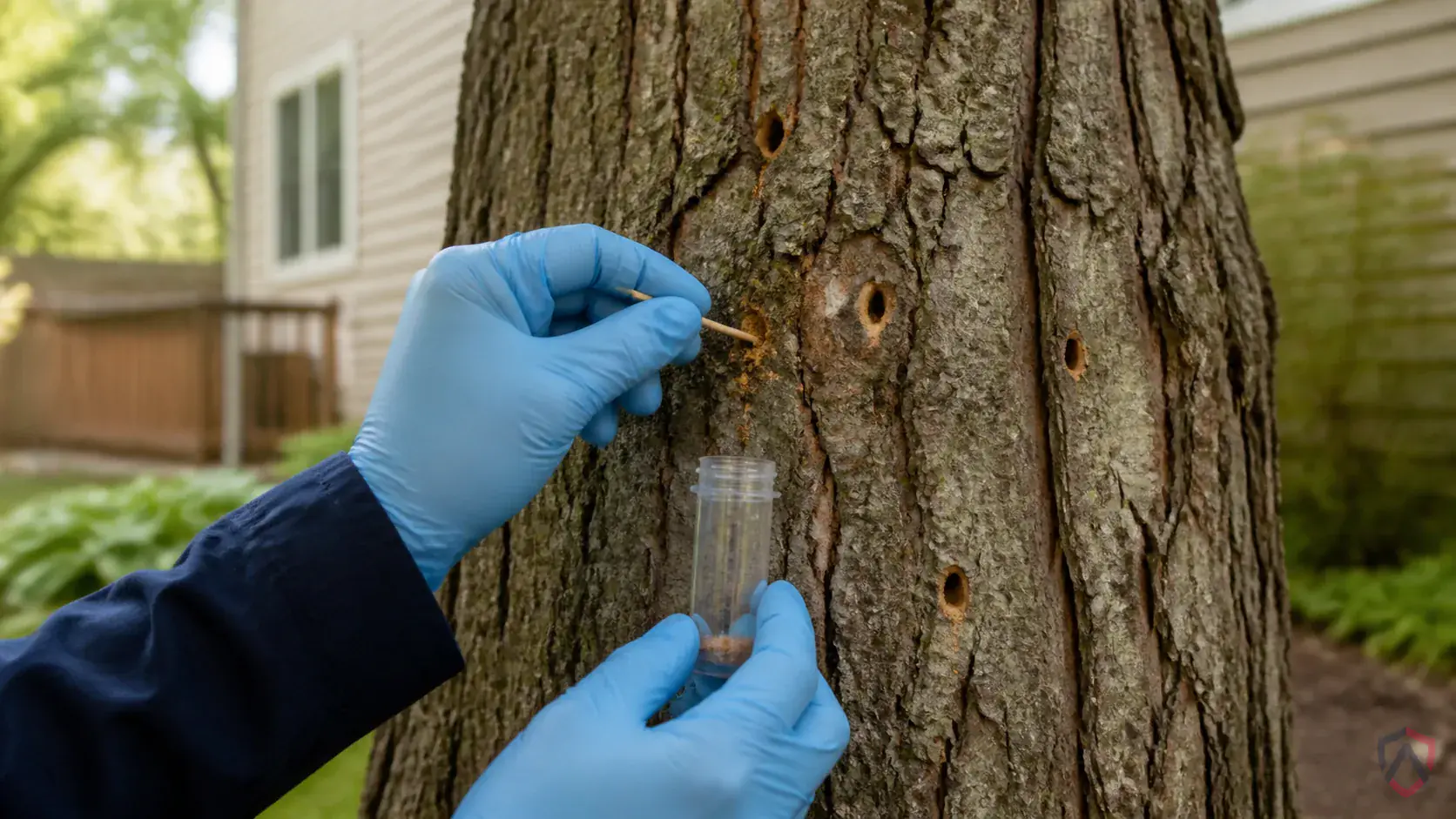 Inspection of tree trunks, branch unions, exit holes, frass, canopy dieback, and nearby host trees during a suspected Asian Longhorned Beetles issue
