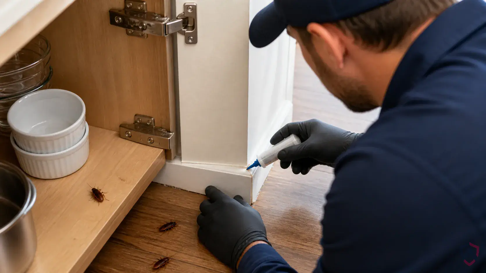 Inspection of cabinet voids, appliance backs, pipe chases, drains, and shared-wall entry points during a suspected Australian Cockroach issue