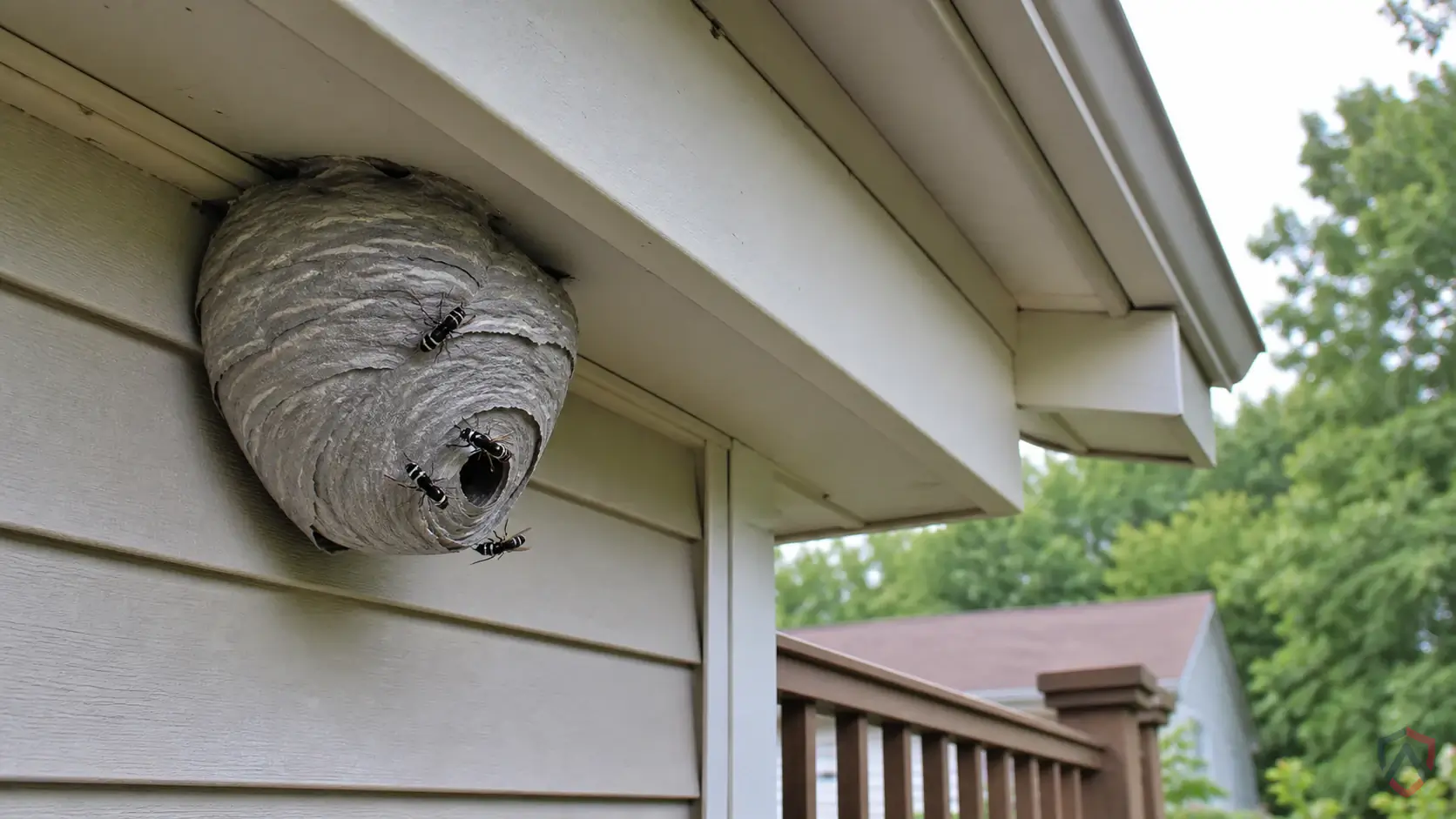 Bald-faced Hornets activity in eaves, soffits, decks, wall voids, shrubs, ground holes, play areas, and trash or food… in Minnesota