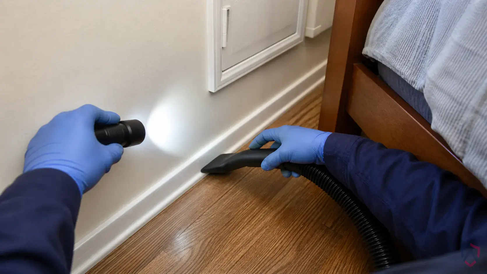 Inspection of mattress seams, bed frames, furniture joints, baseboards, and travel-related belongings during a suspected Bat Bugs issue
