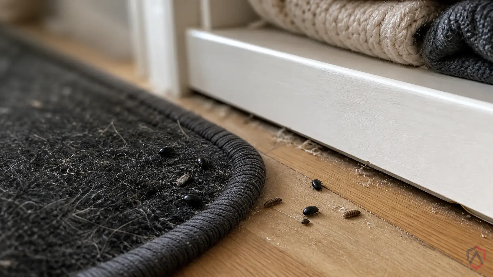 Black Carpet Beetles activity in closets, wool rugs, stored clothing, taxidermy, pet bedding, vents, lint buildup, and attic storage in Minnesota