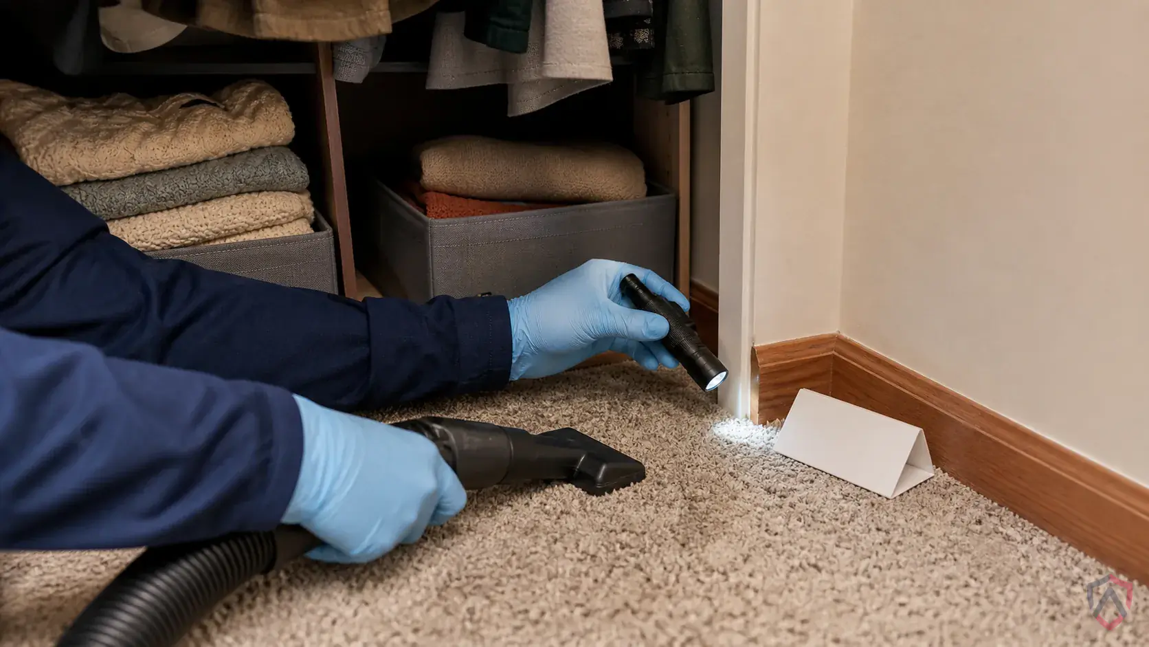 Inspection of closets, baseboards, rugs, upholstery seams, pet resting areas, and stored natural-fiber materials during a suspected Black Carpet Beetles issue