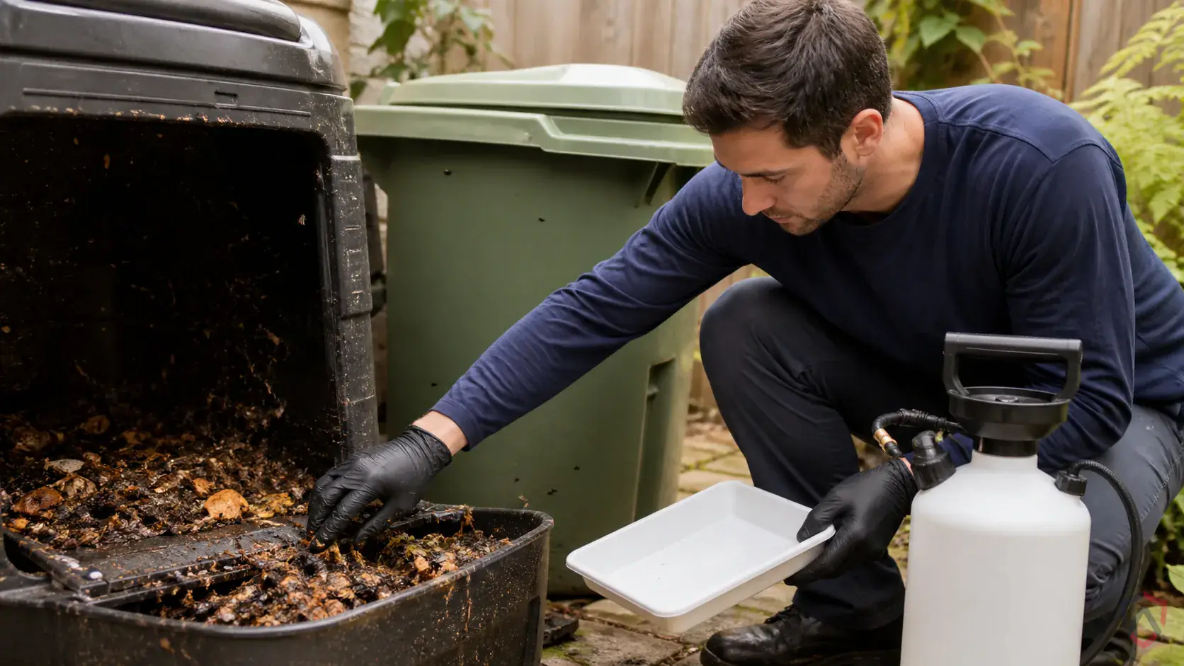 Inspection of moist organic buildup, drains, trash handling areas, window lines, and exterior entry points during a suspected Black Soldier Flies issue