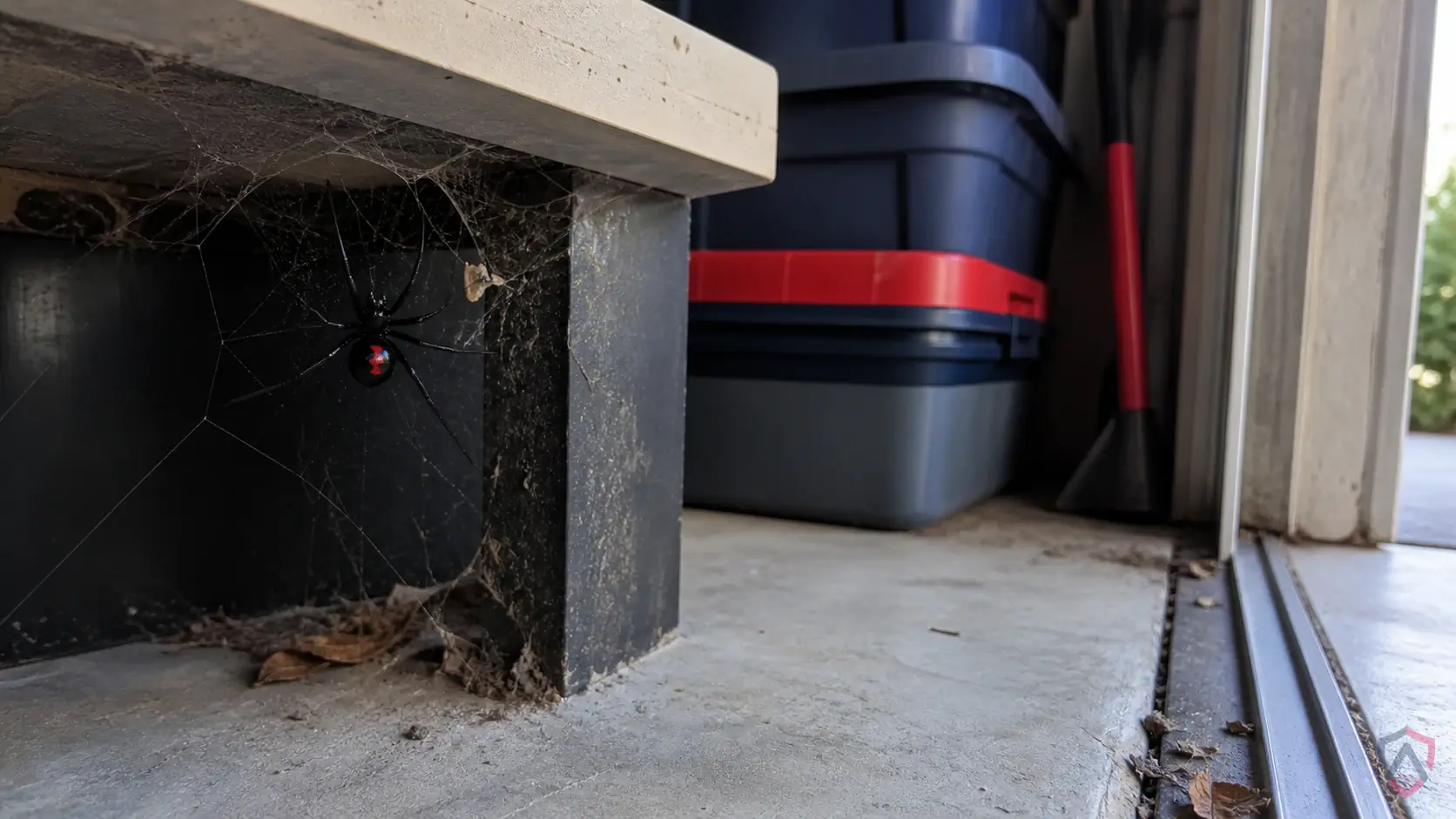 Black Widow Spiders activity in garages, sheds, crawl spaces, wood piles, cluttered corners, and protected outdoor storage in Minnesota